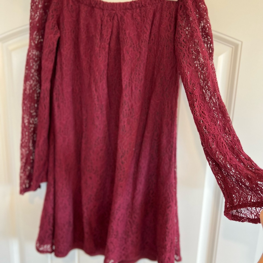 Floral Lace Sleeved Off Shoulder Burgundy Dress S